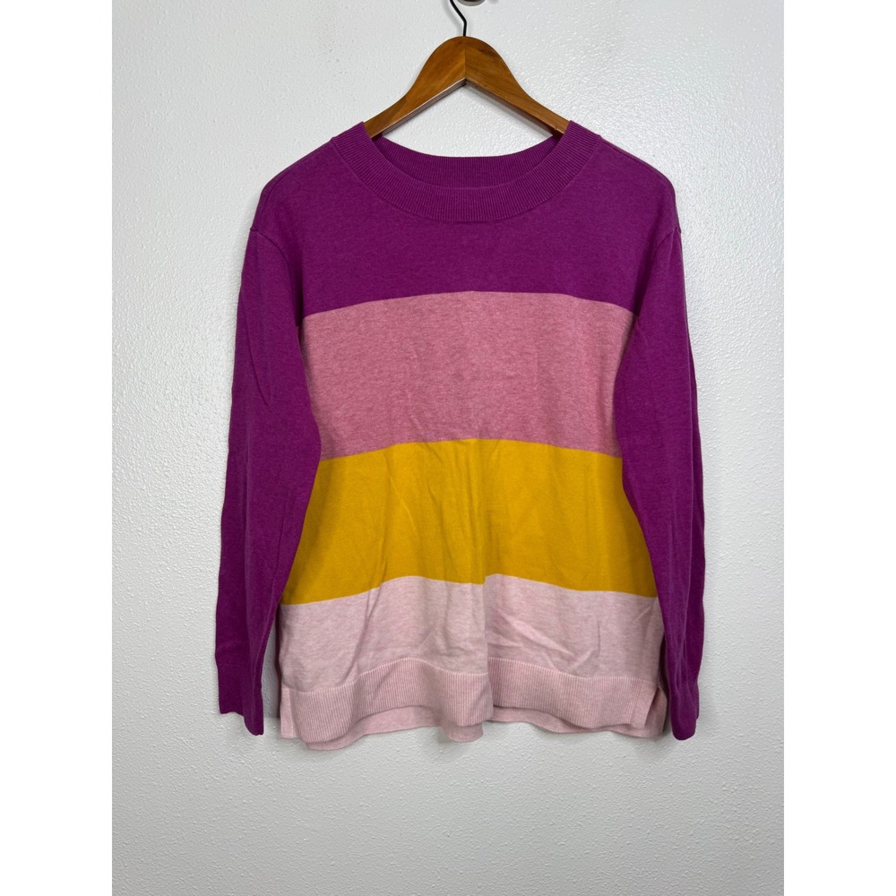 Lands End Womens Cotton Striped Crewneck Sweater Purple Pink Yellow Size M 10-12